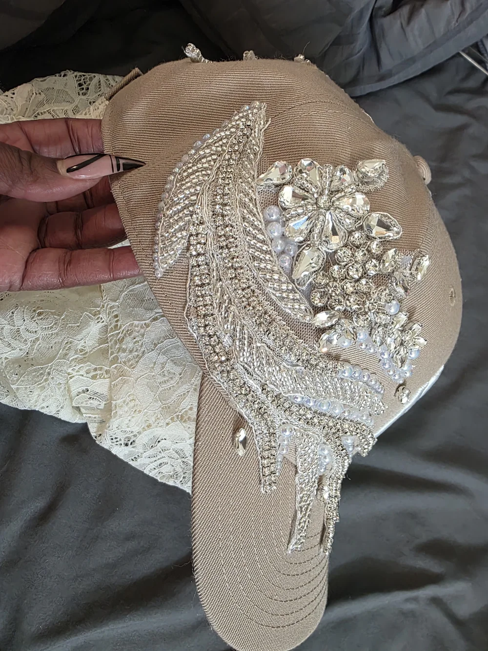 47 Brand Embellished NY Baseball Cap in Taupe with Crystal & Pearl Accents - Picture 3 of 5